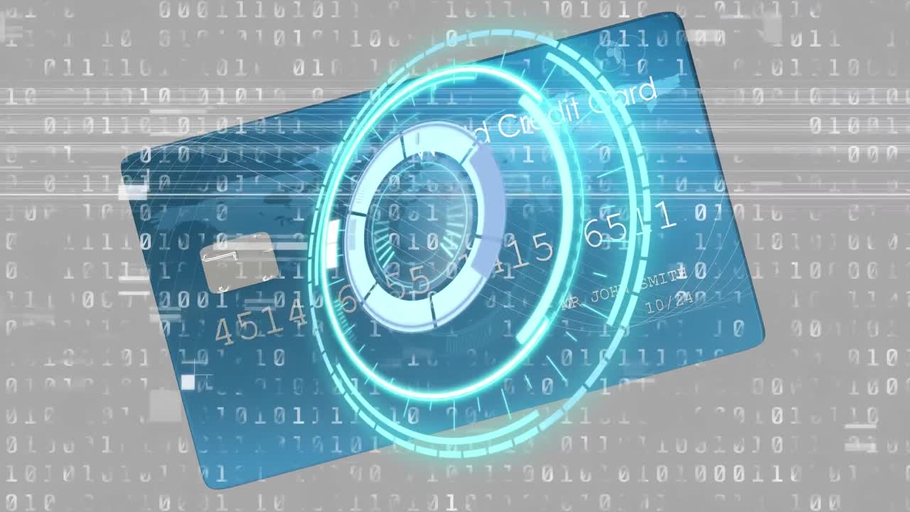 Animation of loading circle and binary code over bank card