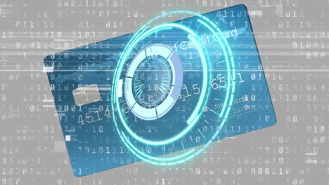 animación del círculo de carga y el código binario sobre la tarjeta bancaria