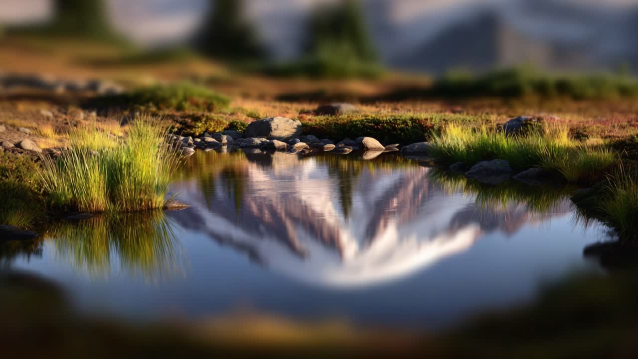 Serene Reflection in a Tranquil Pond Surrounded by Lush Greenery and Majestic Mountains, Capturing Nature's Beauty at Its Finest during Golden Hour
