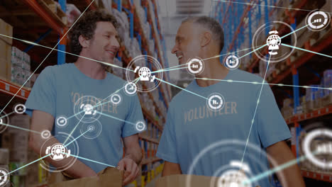 animation of network of connections with icons over diverse volunteers in warehouse