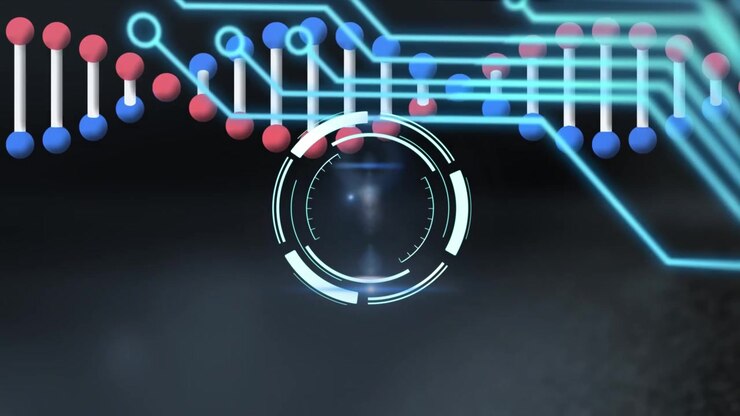 Animation of neon shapes over dna strand and scope scanning