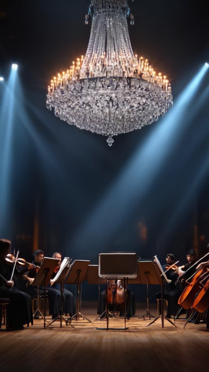 Una grande esibizione orchestrale sotto l'illuminazione abbagliante di un lampadario cattura il pubblico con suoni armoniosi e musicisti appassionati che creano bellissime melodie.
