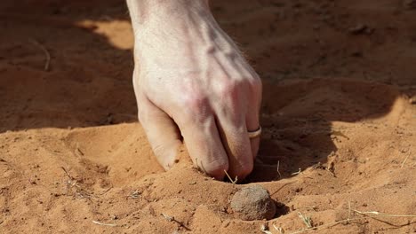 Zeitlupenmakro-Nahaufnahme-Einer-Hand,-Die-An-Einem-Warmen,-Sonnigen-Sommertag-Eine-Handvoll-Orangefarbenen-Sand-In-Der-Wüste-Von-Südutah-Im-Snow-Canyon-State-Park-Ergreift