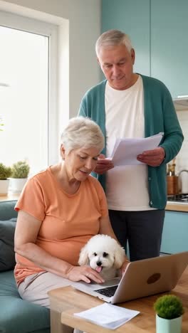 caucasian senior couple with a dog managing finances on a laptop at home.
