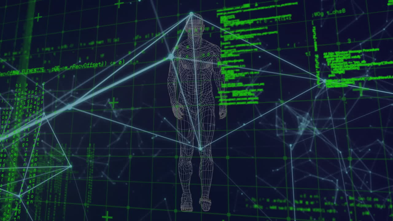 디지털 인체 모델을 통해 연결 네트워크의 애니메이션 및 검은색 배경의 데이터 처리