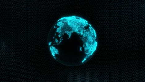 futuristic rotating digital globe using glowing blue dots over a dark hexagonal grid background