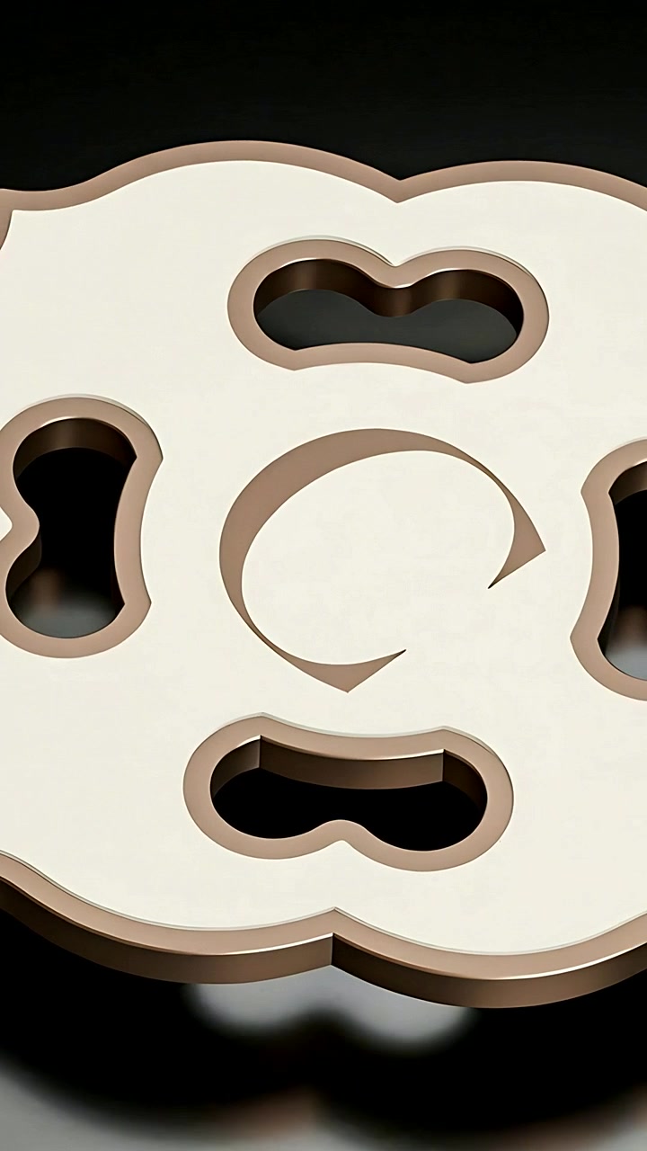 Vertical video: Rotating cream emblem from first frame on studio table showing shifting cutouts