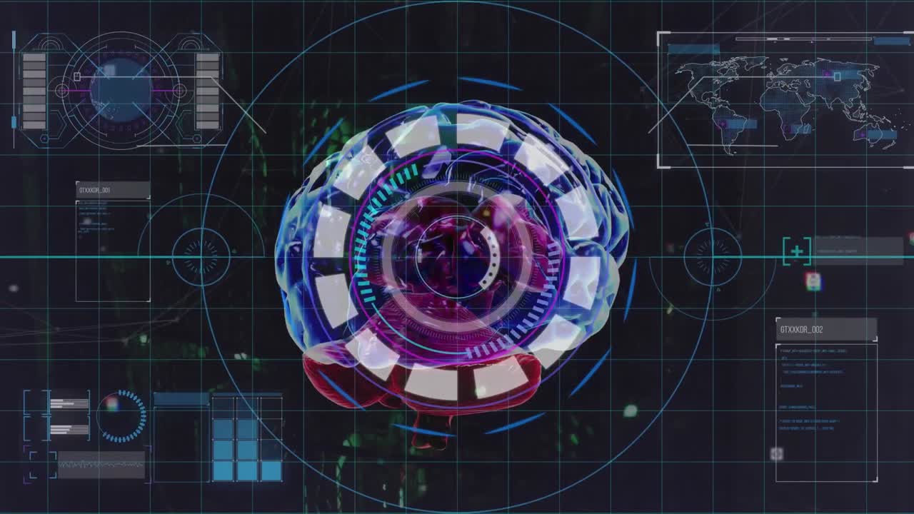 어두운 배경 위에서 인간의 뇌와 데이터 처리의 애니메이션