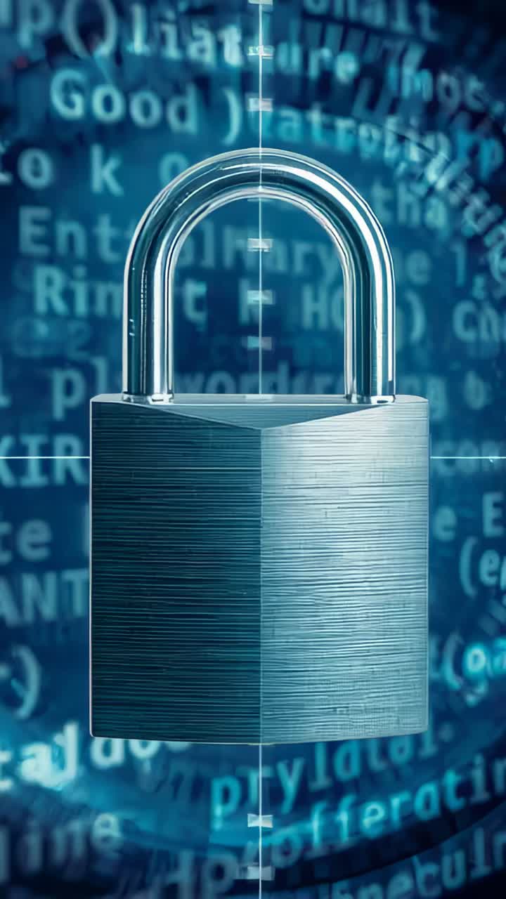 Vertical video: Animating padlock rotating against scrolling code backdrop, with data ring