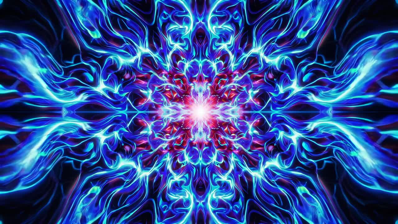 A vibrant, symmetrical neon light pattern in a kaleidoscopic style, captured from a top-down angle