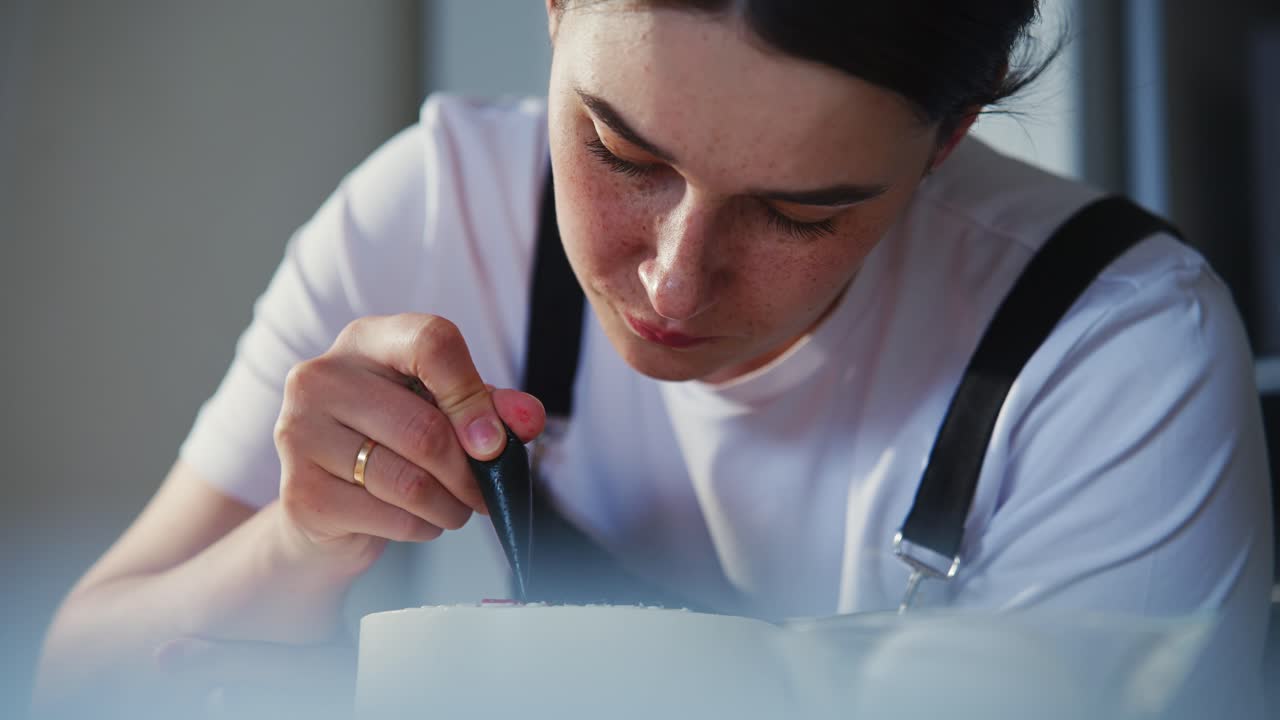 Primo piano di un pasticcere che decora una torta con glassa rossa