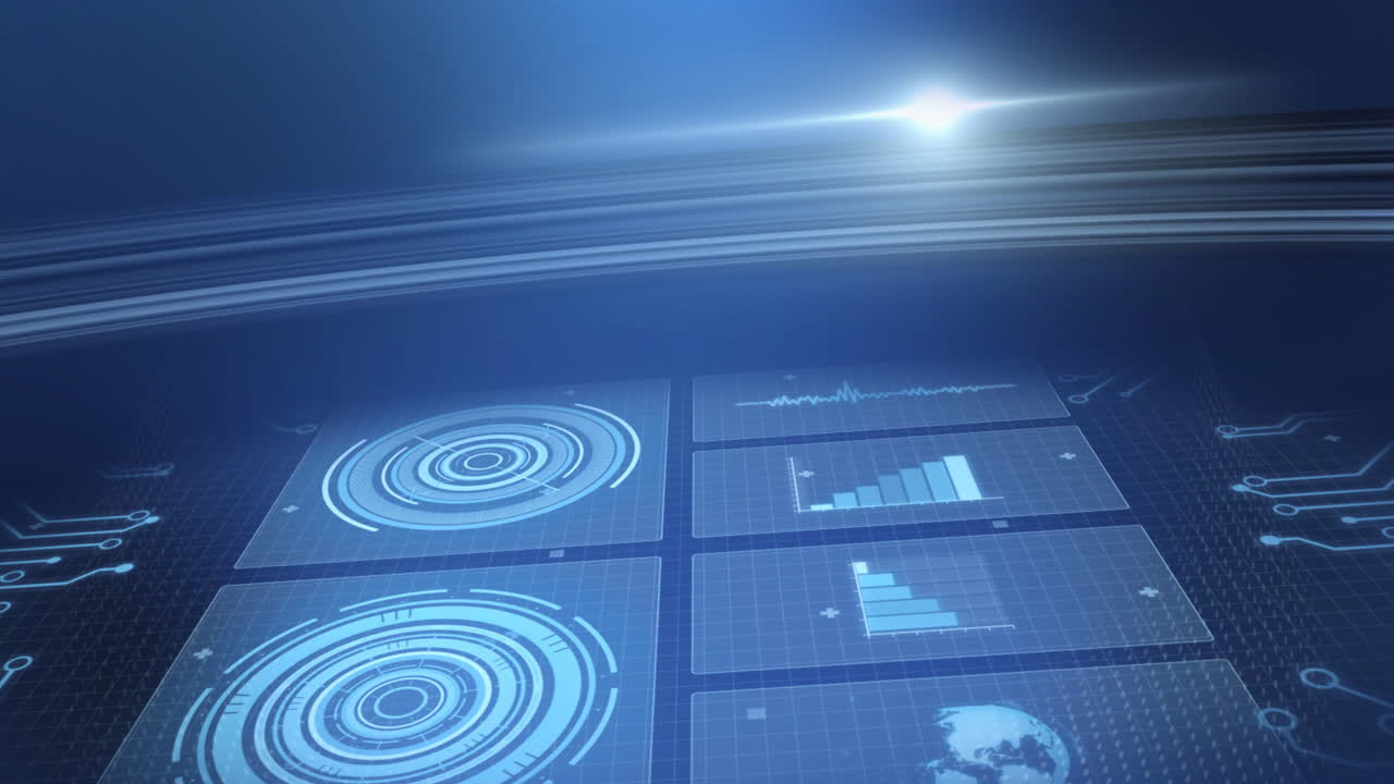 Animation of statistics recording and scopes scanning on screens over glowing blue background