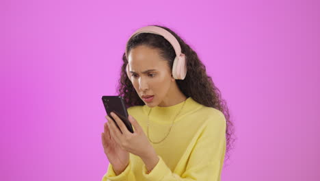 confused, woman and phone in studio with wow