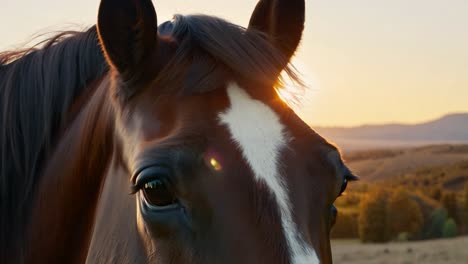 primer plano del ojo de un caballo marrón con la puesta de sol en el fondo
