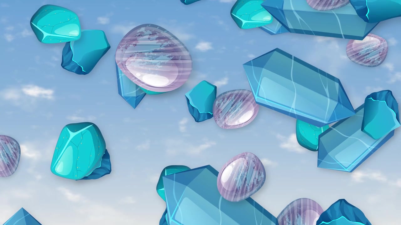 Various blue crystals and smooth purple stones fall vertically against a bright blue cloudy sky.