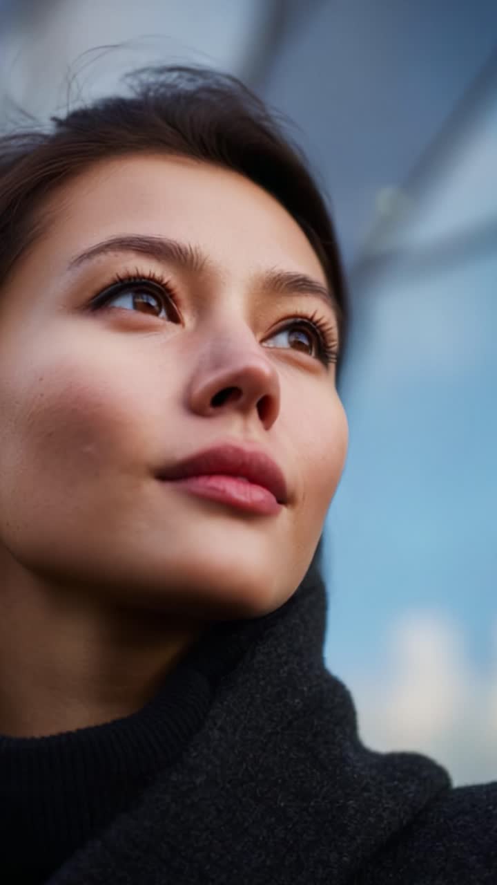 Close-Up of a Young Woman Gazing Upwards, Emphasizing Natural Beauty, Serenity, and Reflection, Captured in Soft Lighting Against a Blurred Background, Highlighting Her Expressive Features and Poised Presence