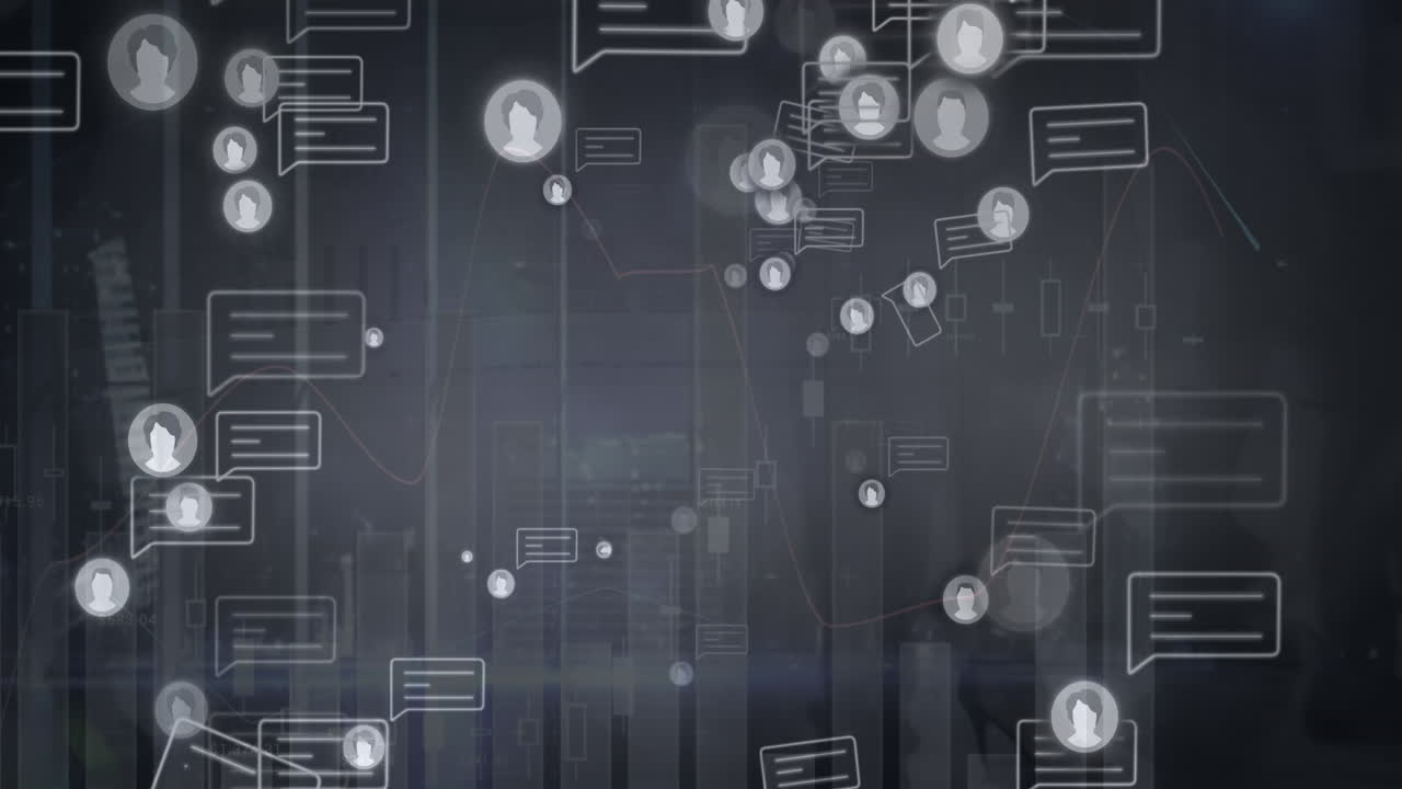 animación de iconos de redes sociales con burbujas de habla sobre el paisaje urbano.