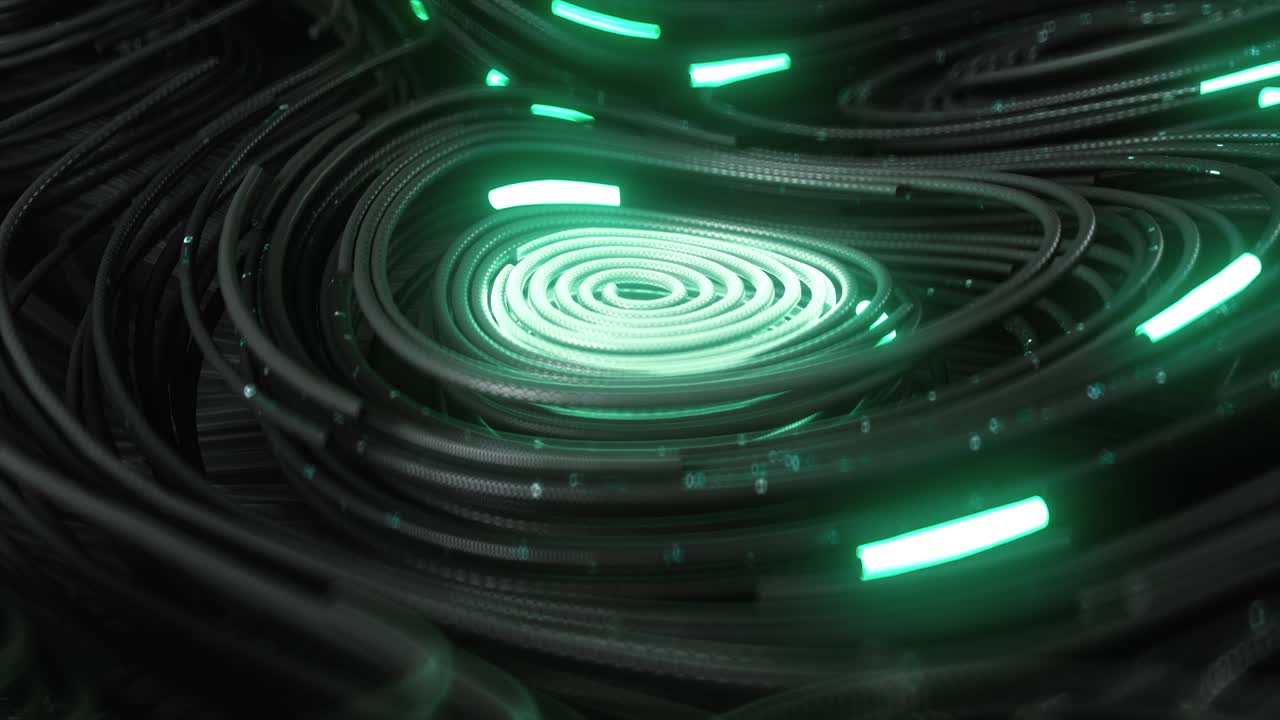 Black topographic circular lines with running matrix code and with green neon