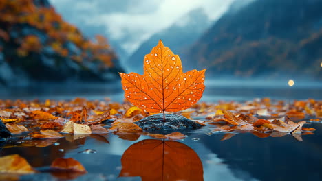 vibrant autumn leaf resting on stone by tranquil lake shore