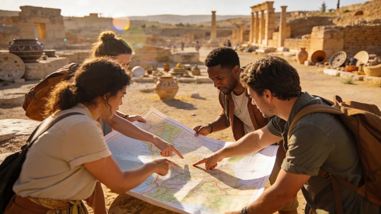 Sole che illumina quattro viaggiatori chinati su una mappa su una pietra bassa tra le rovine, che pianificano il percorso indossando zaini.