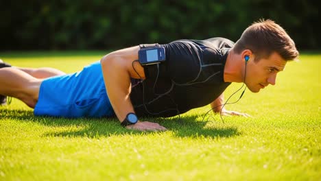 a fitness enthusiast engages in a push-up workout on lush green grass, utilizing music for motivation and focus during his training session