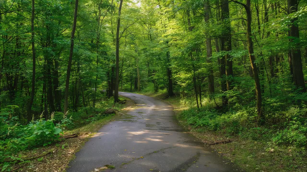 Moving camera revealing narrow paved road bending into forest, showing cracked pavement