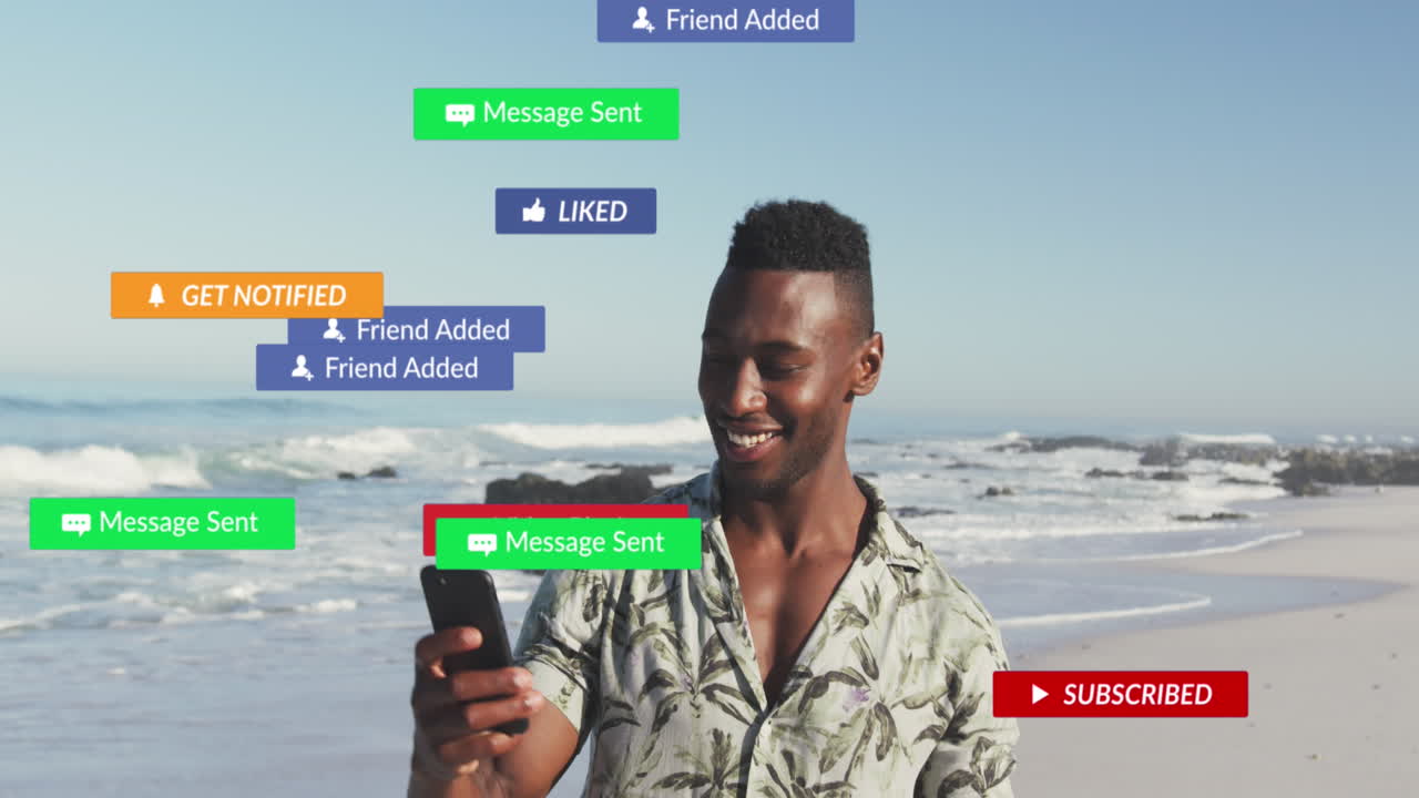 animación de texto e iconos de redes sociales sobre hombre afroamericano usando smarpthone