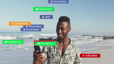 Animación-De-Texto-E-íconos-De-Redes-Sociales-Sobre-Un-Hombre-Afroamericano-Usando-Un-Teléfono-Inteligente