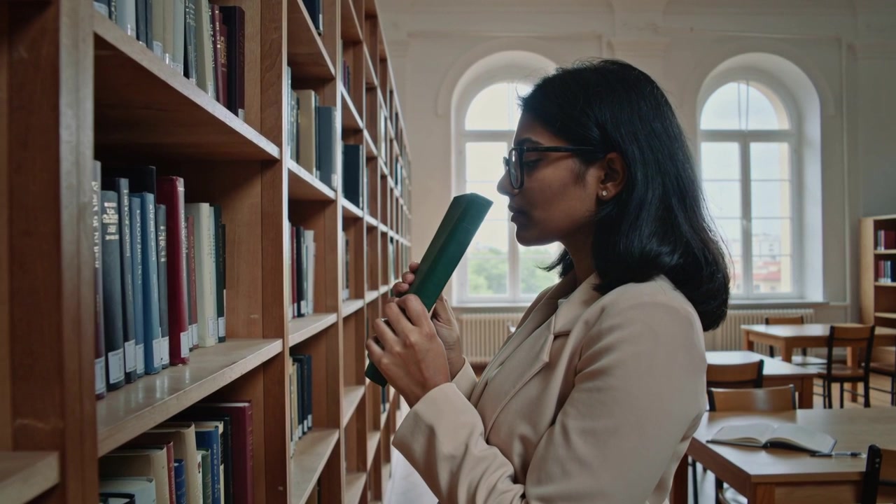 Sliding woman tan blazer taking dark green book from library shelf researching, copy space