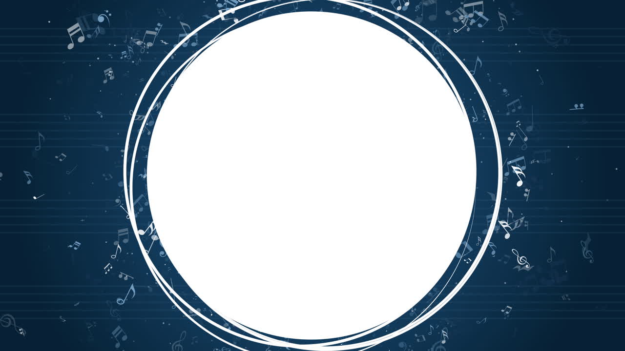 Musical notes round decorative frame on blue background. Loop motion graphic. Abstract animation. Copy space.