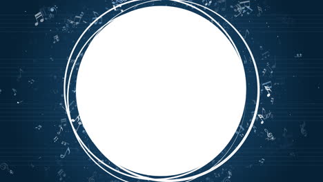 musical notes round decorative frame on blue background. loop motion graphic. abstract animation. copy space.