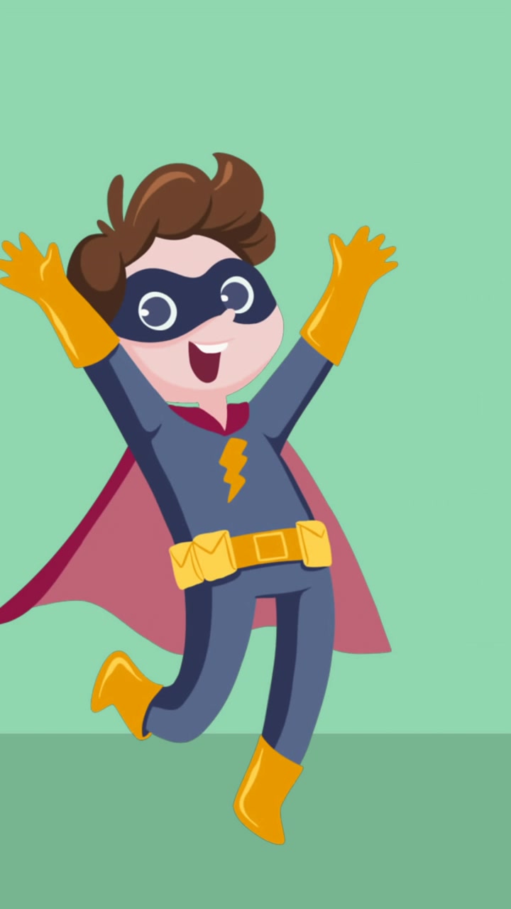 Animación de niño superhéroe con espacio para texto sobre fondo verde