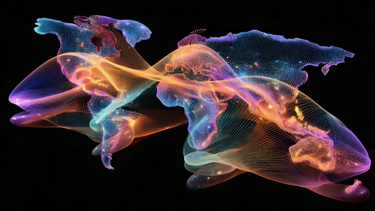 Colorful abstract representation of the Earth's continents formed by glowing digital particles, gracefully flowing and waving as a complex data network across a sleek black background