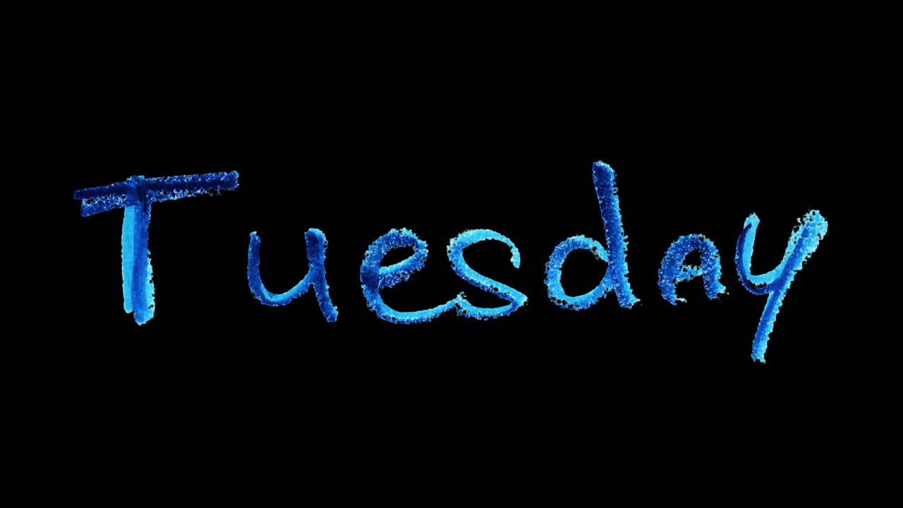 Tuesday title hand-drawn in crayon scribble style, animated on a clean background for a simple intro