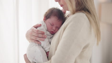 family, sleeping and mother with baby in home