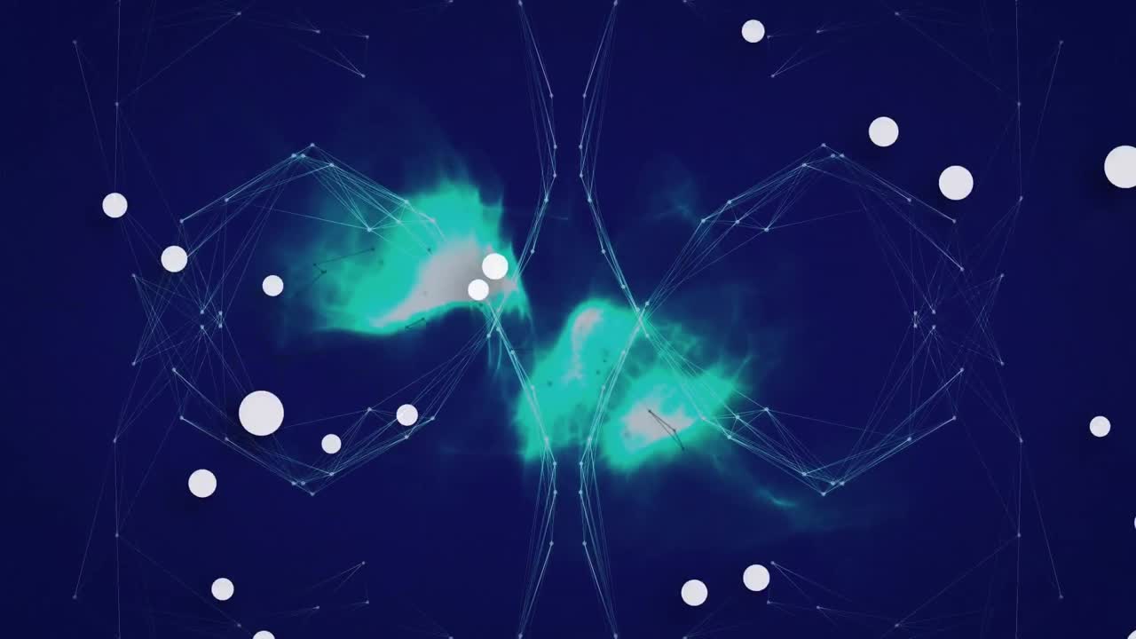 Animation of white spots over globe of connections and blue light on black background