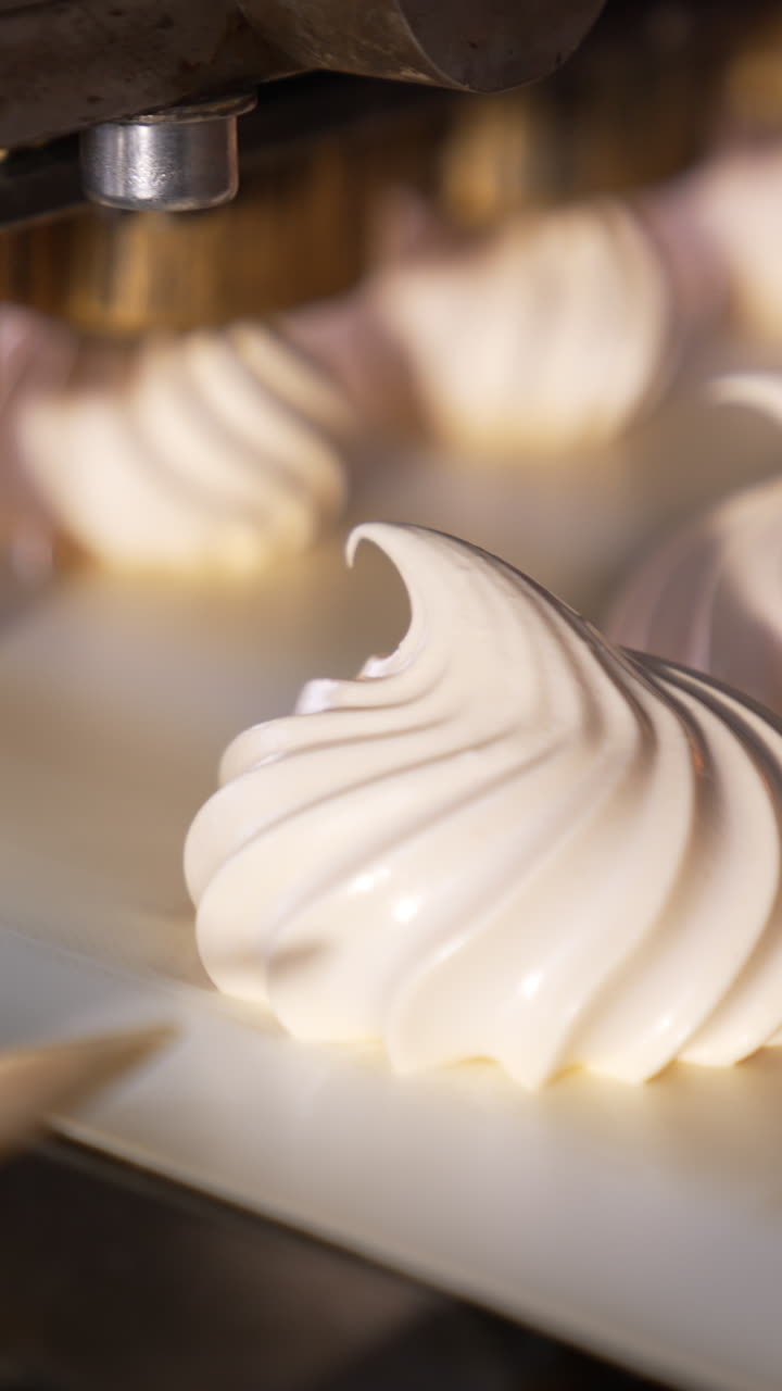 White creamy marshmallows are squeezed on the moving conveyor belt. Close up. Automated line for sweet products manufacturing. Confectionery concept. Vertical video