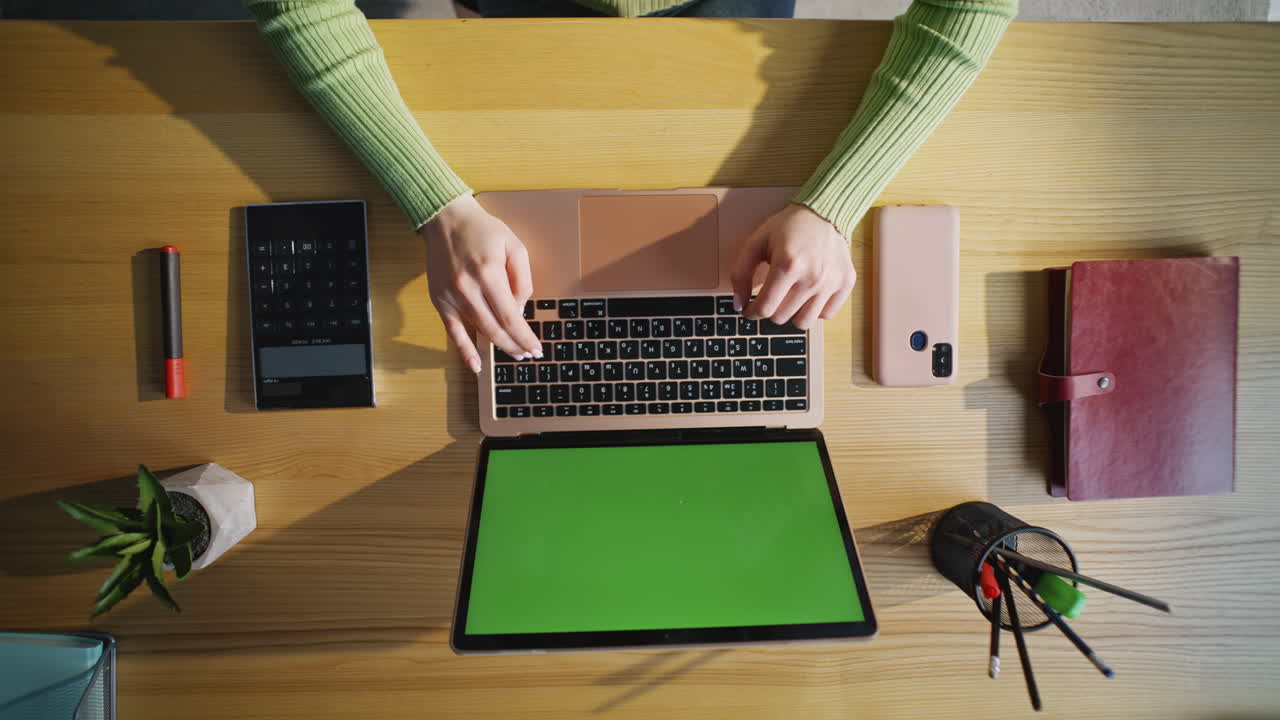 Woman fingers typing laptop at table closeup. Unknown student working keyboard