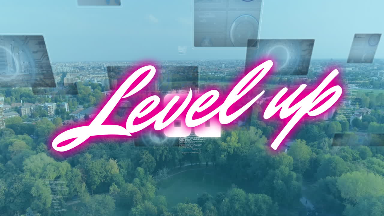 анимация обработки текста и данных на уровне над городским пейзажем