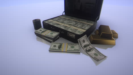 animation of suitcase full of money, american $100 note  s in stacks near the case and inside of it, few golden bars near the case, reflective background, money and fortune concept.