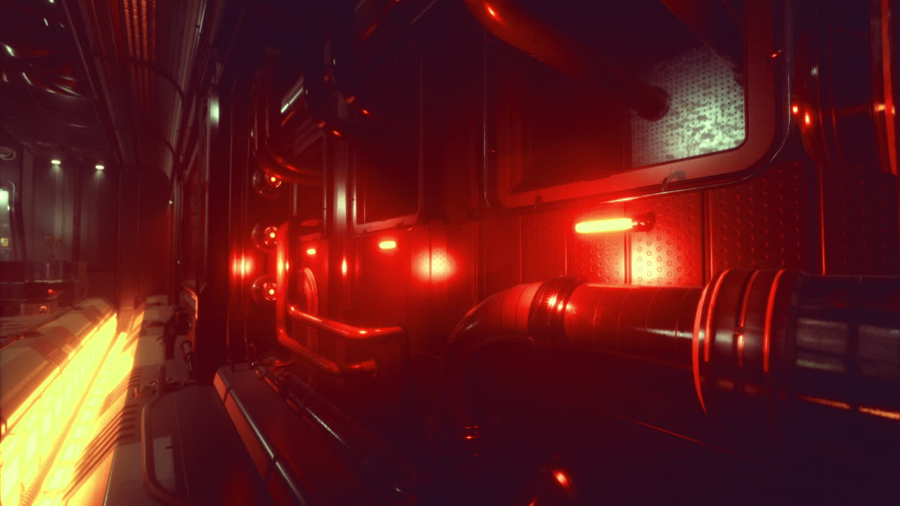 Red lights illuminate industrial pipes in a futuristic corridor