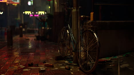 bright neonlit street with bike parked at night in quiet asian city