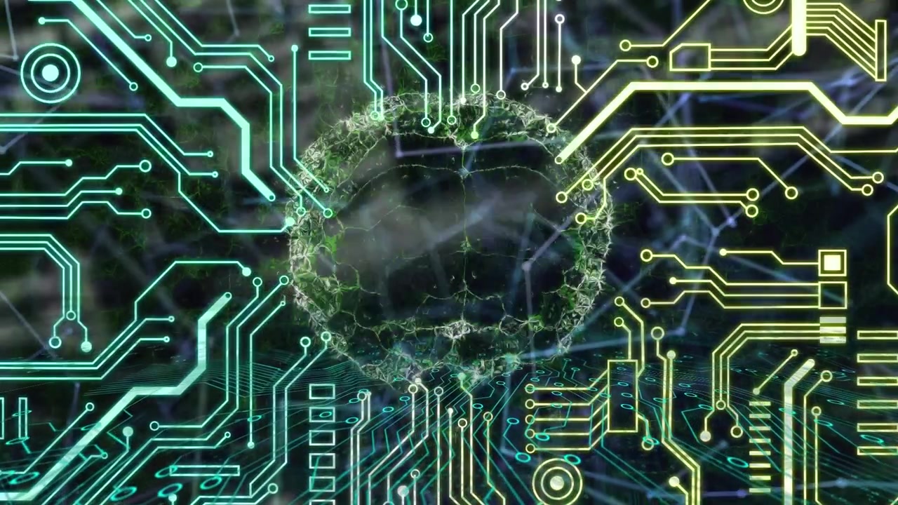 Animering av digital skärm med hjärna, kopplingar och integrerad krets