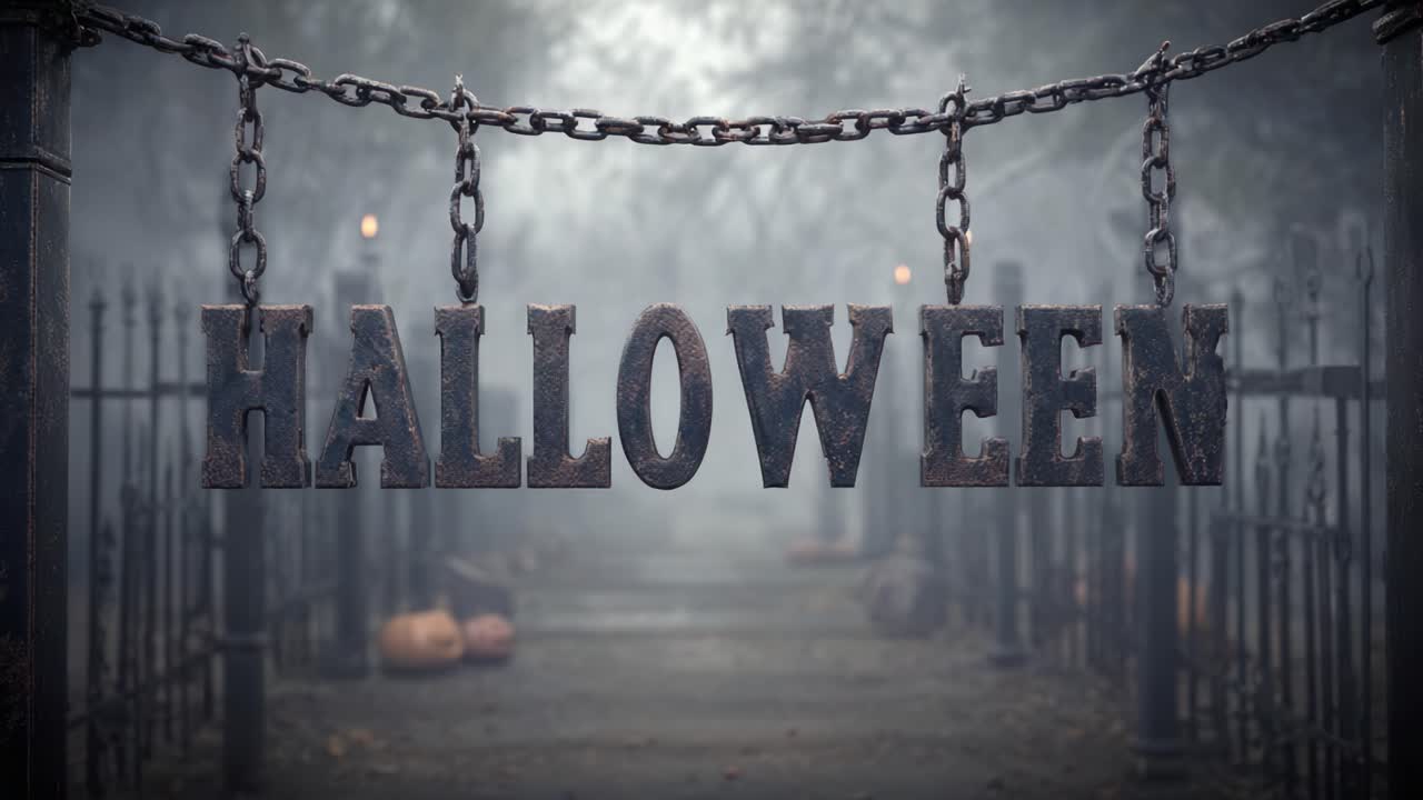 Rusty metal Halloween sign hanging from chains at a spooky cemetery gate entrance. Dark, foggy night with flickering lights and carved pumpkins creating a creepy and mysterious horror atmosphere