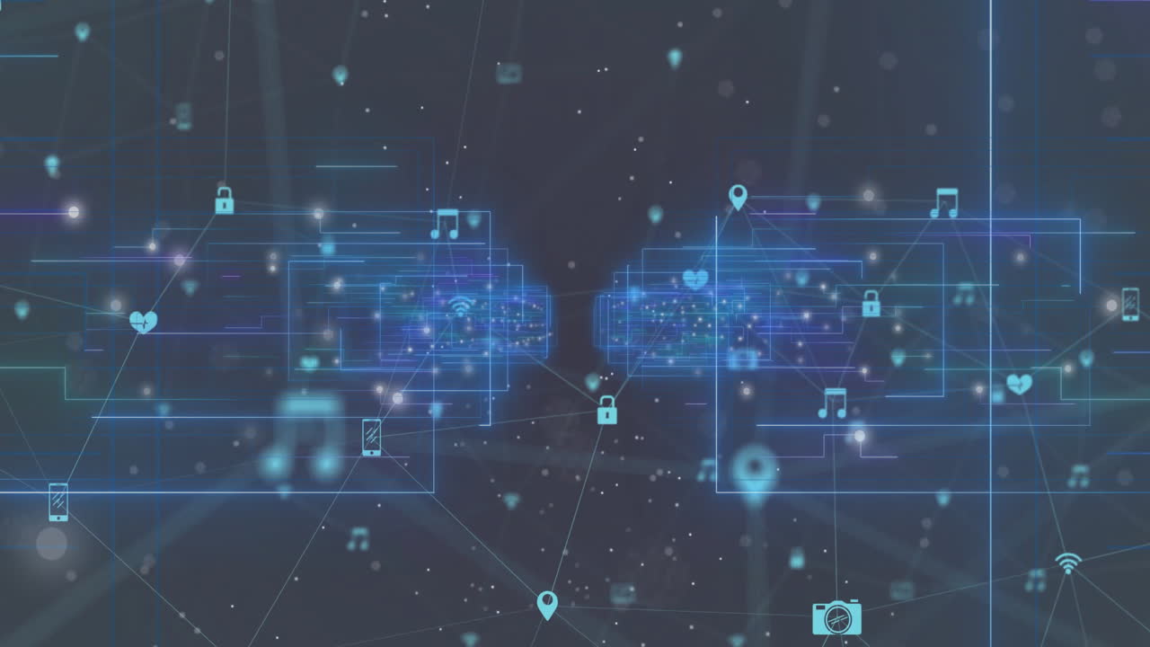Digital icons and data connections animation over abstract blue background