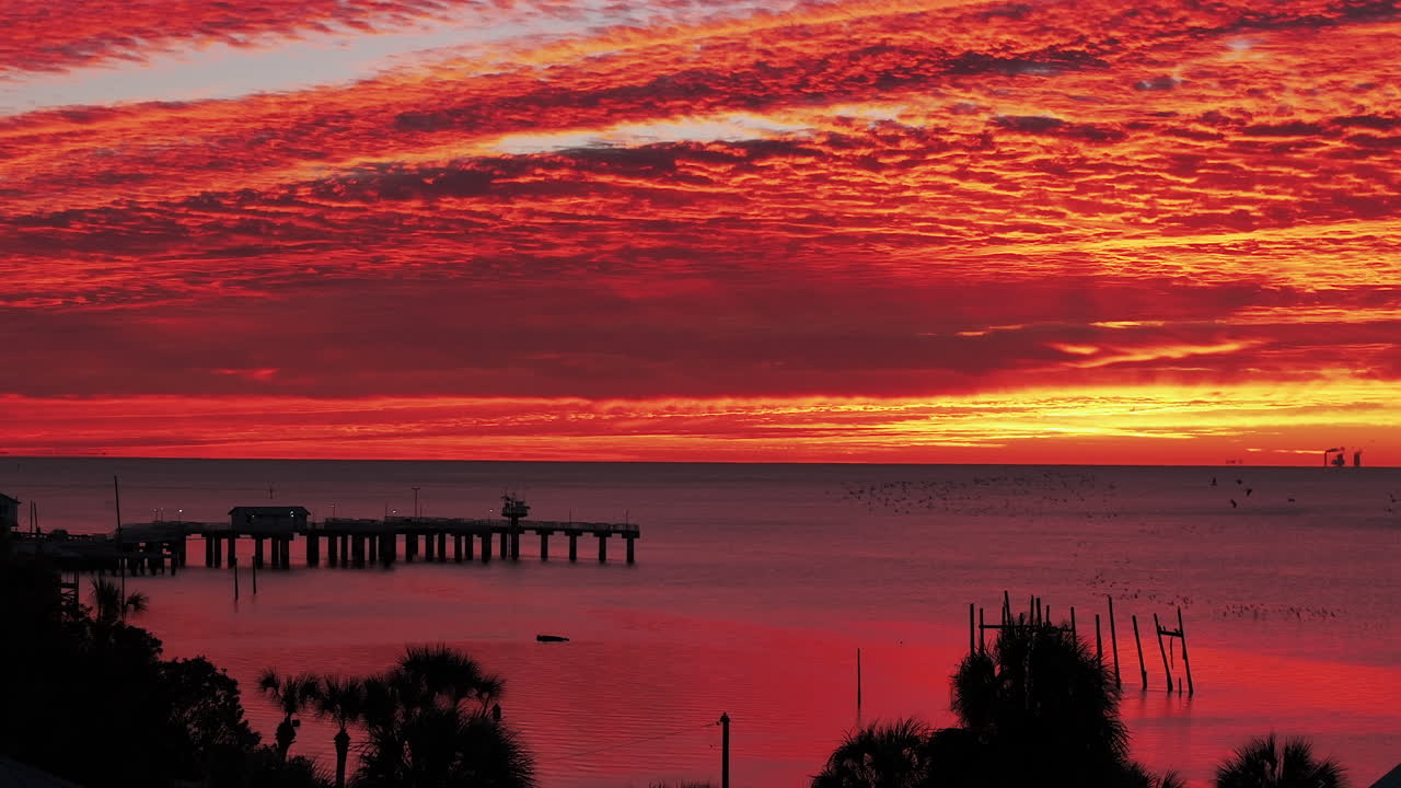 This breathtaking aerial view of red tropical sunrise over the historic "Old Florida" fishing village pier in Cedar Key, Florida. Vibrant, natural palette and serene atmosphere of the Forgotten Coast