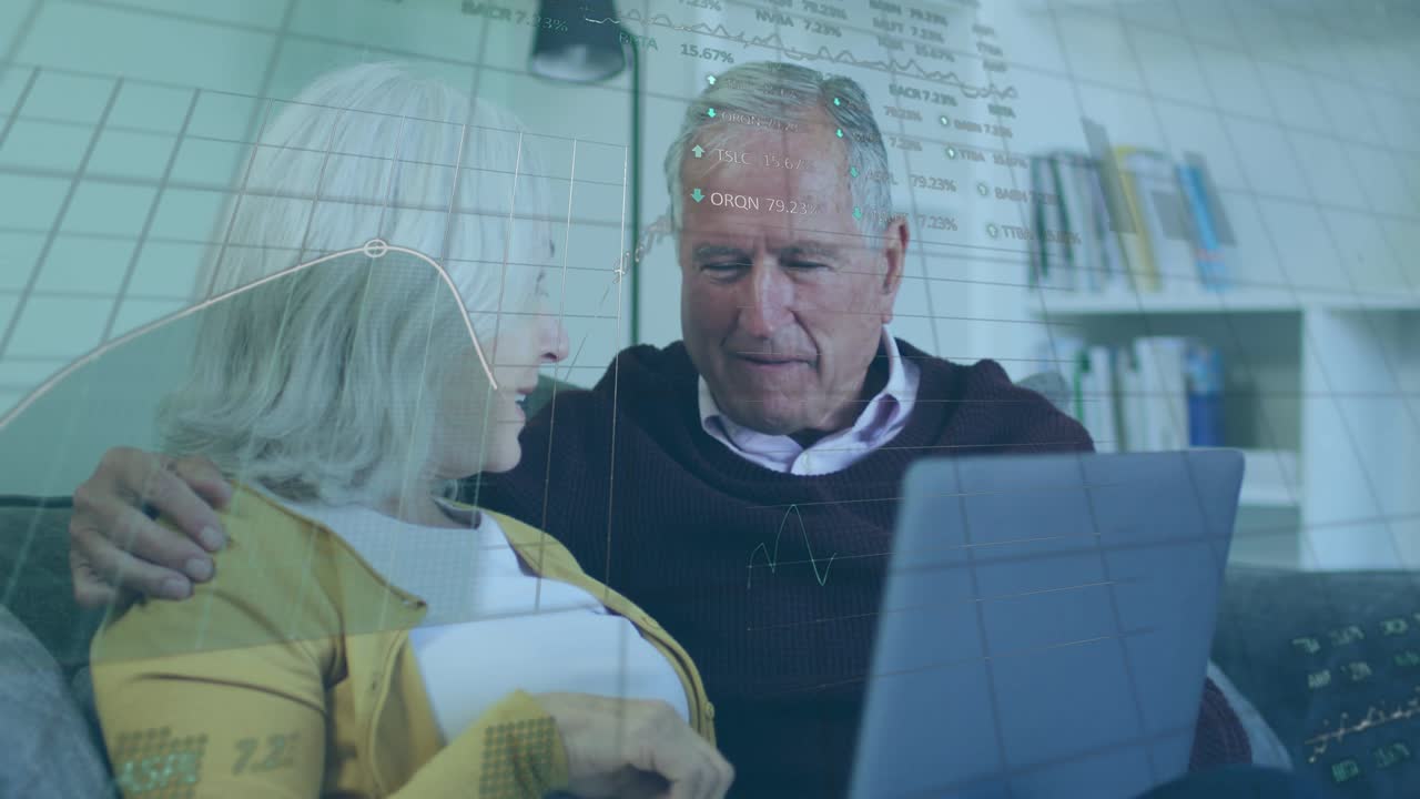 Animation of financial data processing over senior couple using laptop