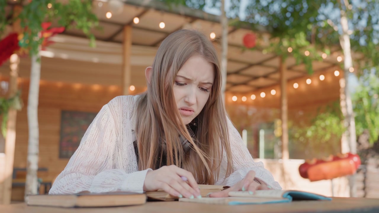Primer plano de una mujer joven escribiendo en un cuaderno con un bolígrafo en una mesa de madera al aire libre bajo luces de guirnalda. La mujer lleva un cárdigan de encaje blanco sobre una camiseta negra, con su cabello largo visible. El fondo muestra árboles.