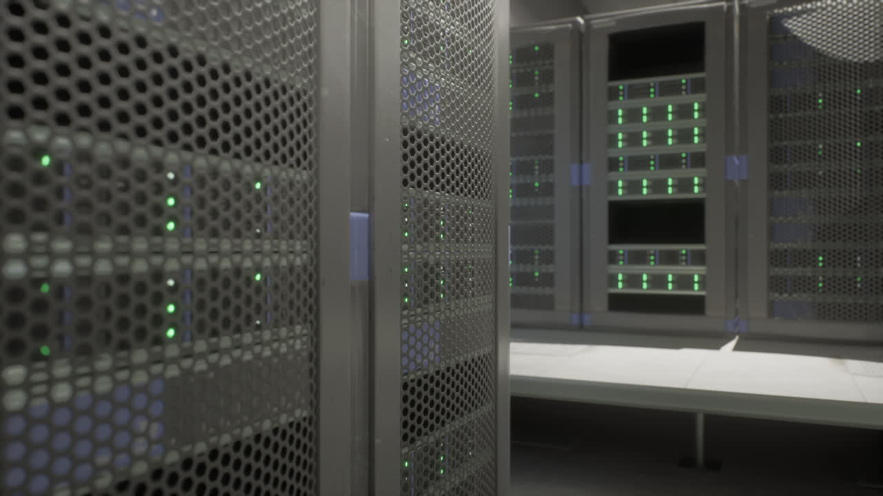 Modern Data Center Server Racks with Green LEDs