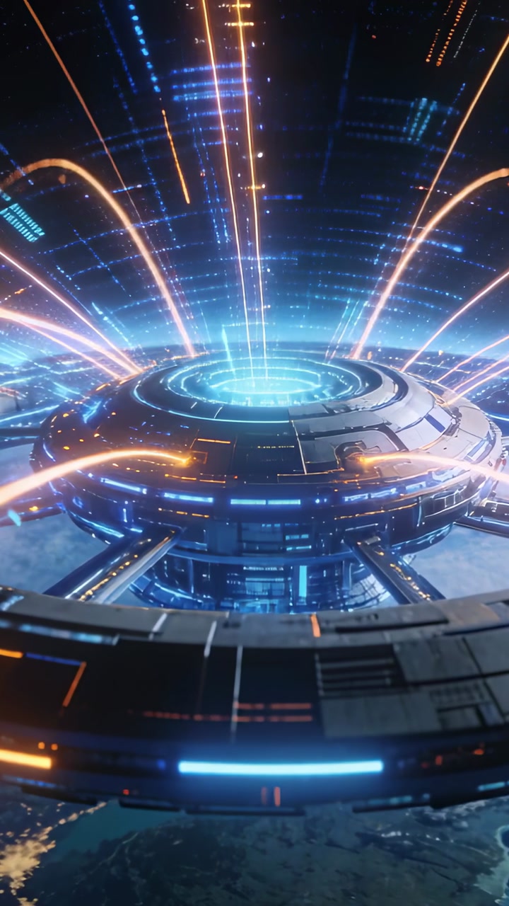 Orbital ring powering core rising beaming and arcs with holo bars scanning planet for space ops
